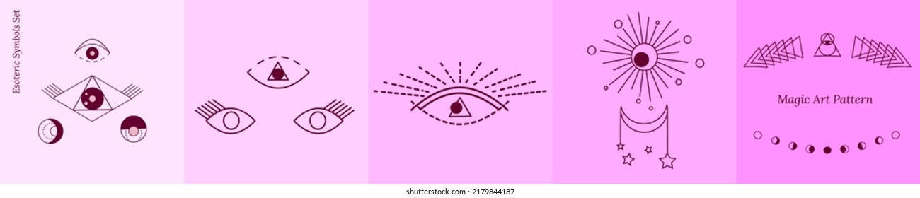 Large set of images of esoteric objects, alchemy, magic, divination, occultism. Image of third eye. Vector doodle in outline style for tarot card design, tattoos, social media, groups, web pages.