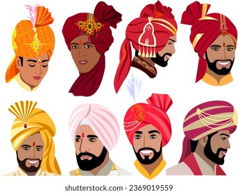 Gran grupo de hombres indios en turbante festivo de diferentes colores y formas Vector