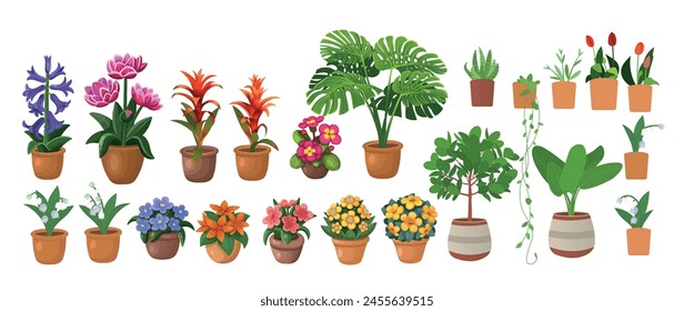 Grande conjunto de plantas y flores interiores. Conjunto de flores en macetas sobre un fondo blanco, Vector de dibujo a mano en estilo de dibujos animados.