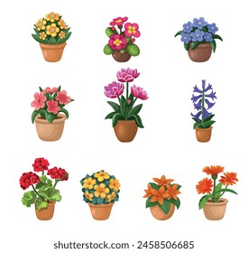 Large set of indoor plants and flowers. Set of flowers in pots on a white background, hand drawing vector in cartoon style.