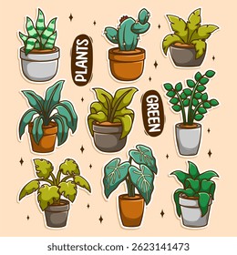 Large set of indoor plants, hand drawing vector in cartoon style.
