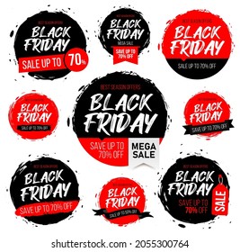 Gran conjunto de banners abstractos de tinta redonda roja y negra Black Friday para la venta y el descuento. Plantilla para sus carteles o afiches.
