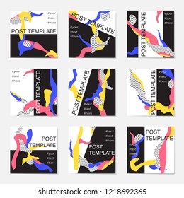 A large set of instagram post templates. For personal and business accounts. Black background with stylish elements in three colors.