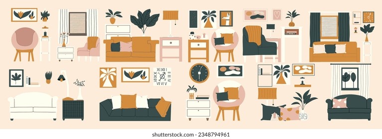 Large set of interior designs in Scandinavian and
contemporary styles. A set of different furniture in the living room. Vector illustration in hand drawn style