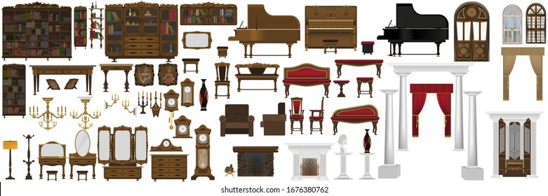 Large set for the interior. furniture and home decoration. Set for interior design in the old style.