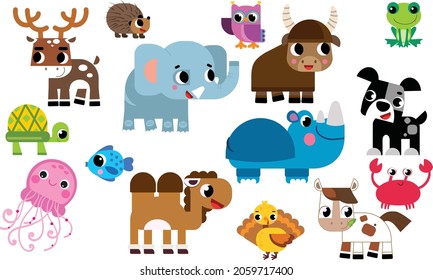 Large set of isolated animals. Vector collection of funny animals. Cute animals: forest, farm, domestic, polar in cartoon style. Dog, elephant, turtle, camel, hedgehog.