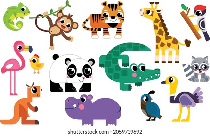 Large set of isolated animals. Vector collection of funny animals. Cute animals: forest, farm, domestic, polar in cartoon style. Tiger, crocodile, giraffe, panda, kangaroo, flamingo.