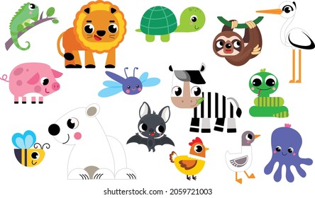 Large set of isolated animals. Vector collection of funny animals. Cute animals: forest, farm, domestic, polar in cartoon style. Zebra, lion, bat, pig, turtle, stork, bear.