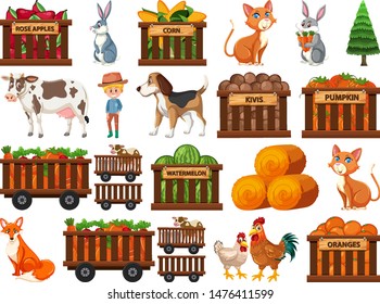 Large set of isolated farm objects illustration