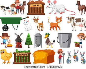 Large set of isolated farm objects illustration