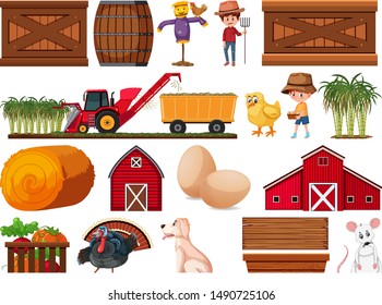Large set of isolated farm objects illustration