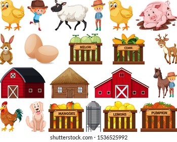 Large set of isolated farm objects illustration