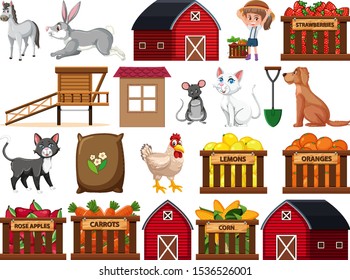 Large set of isolated farm objects illustration