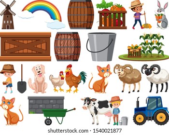 Large set of isolated farm objects illustration