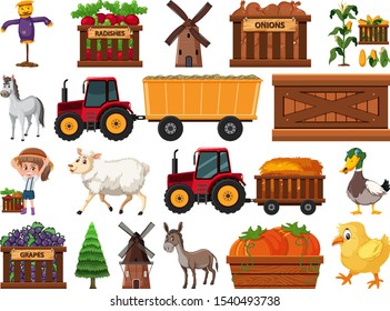 Large set of isolated farm objects illustration