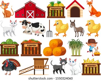 Large set of isolated farm objects illustration