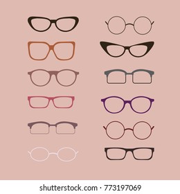 Large set of isolated glasses. Vector glasses model icons. Sunglasses, glasses on pink background. Silhouettes. Various shapes