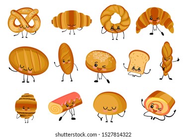 Large set of isolated illustrations on a white background. The bread is different. Baguette, loaf, sandwich buns, muffins and rolls. Wheat and rye bread products. Cute characters..