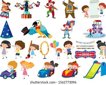 Large set of isolated objects of kids and circus illustration