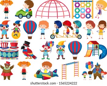 Large set of isolated objects of kids and circus illustration