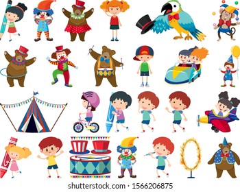 Large set of isolated objects of kids and circus illustration