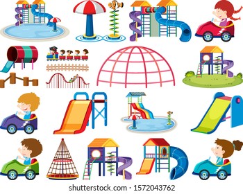 Gran conjunto de objetos aislados de niños e ilustración del patio de recreo