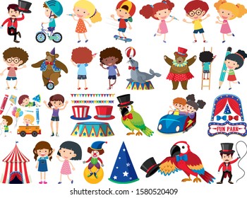 Large set of isolated objects of kids and circus illustration