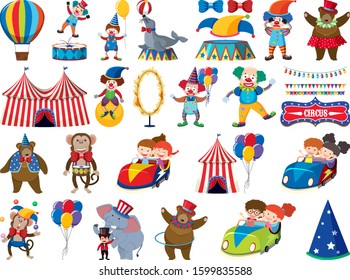 Large set of isolated objects of kids and circus illustration