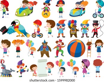 Large set of isolated objects of kids and circus illustration