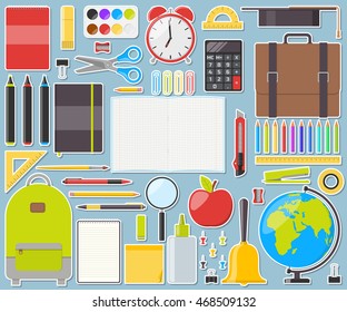 Large set of isolated school supplies. Vector illustration