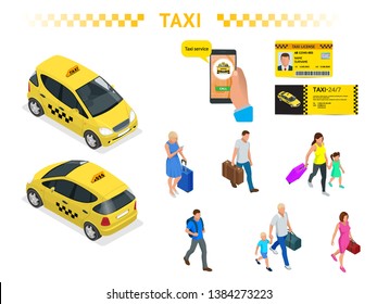 A large set of isomeric images of a taxi car, traveling people with baggage, a mobile taxi call application, a taxi license and a flyer. Character set. Active recreation and travel.
