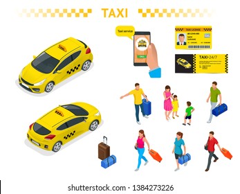 A large set of isomeric images of a taxi car, traveling people with baggage, a mobile taxi call application, a taxi license and a flyer. Character set. Active recreation and travel.