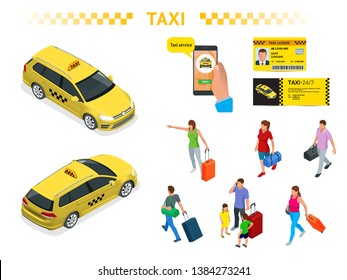 A large set of isomeric images of a taxi car, traveling people with baggage, a mobile taxi call application, a taxi license and a flyer. Character set. Active recreation and travel.