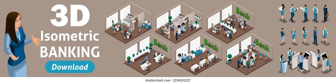 Large set of isometric, 3D bank employees in the bank's office serve customers. Issuance of loans, deposits, investments. Banking cabinets.