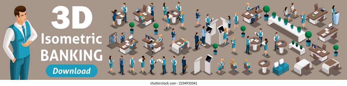 Large set of isometric, 3D bank employees in the bank's office serve customers. Issuance of loans, deposits, investments.