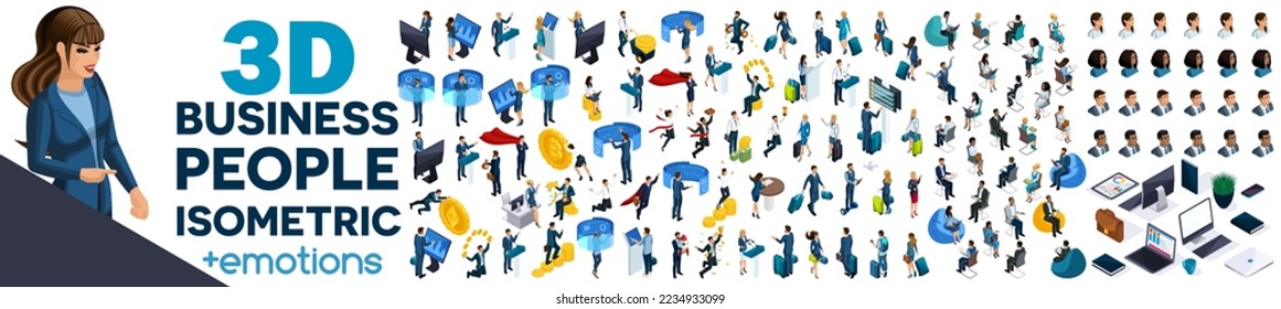 Large set of isometric, 3D Businessmen and businesswomen with gadgets . And Set emotions. Front and rear view.