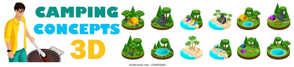 Large set of isometric, 3D concepts, outdoor recreation in the forest, camping. Kayaking, campfire, river, beach, lake.