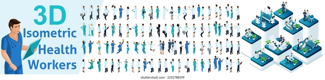 Large set of isometric, 3D Health workers, medical staff, nurses, doctors. Medical examination, MRI, ultrasound, surgery, medical services.