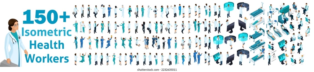 Large set of isometric, 3D Health workers, medical staff, nurses, doctors. Recruitment of doctors' work with patients.