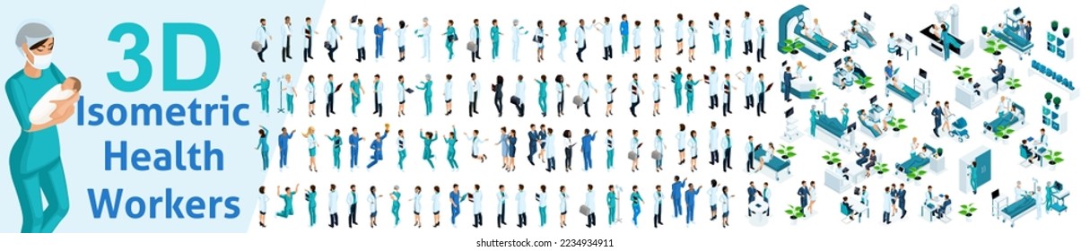 Large set of isometric, 3D Health workers, medical staff, nurses, doctors. Medical equipment, MRI, ultrasound, surgery, medical services.
