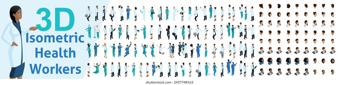 Large set of isometric, 3D Health workers, medical staff, nurses, doctors. Kit Emotions for characters