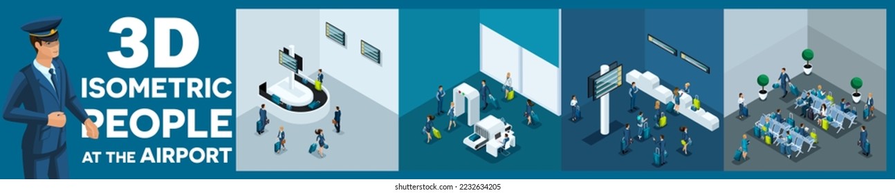 Large set of isometric, 3D people at the airport businessmen with suitcases, travelers, flight attendants and a navigator with bags for flights.