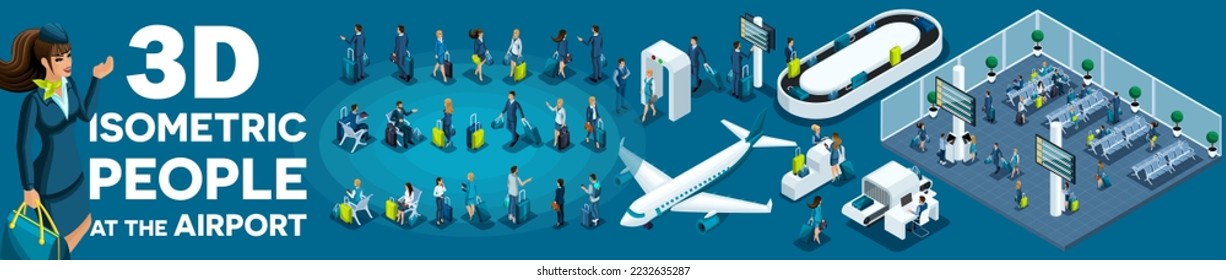 Large set of isometric, 3D people at the airport, businessmen with suitcases, and travelers with bags for flights. Airport Premises.