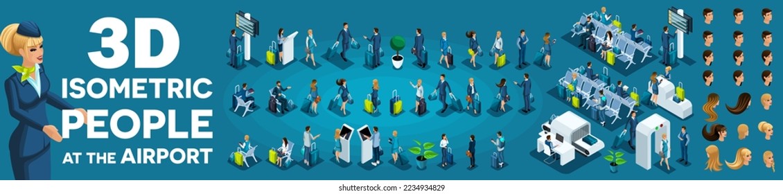 Large set of isometric, 3D people at the airport, businessmen with suitcases, vacationers and travelers with bags for flights. Set emotions.