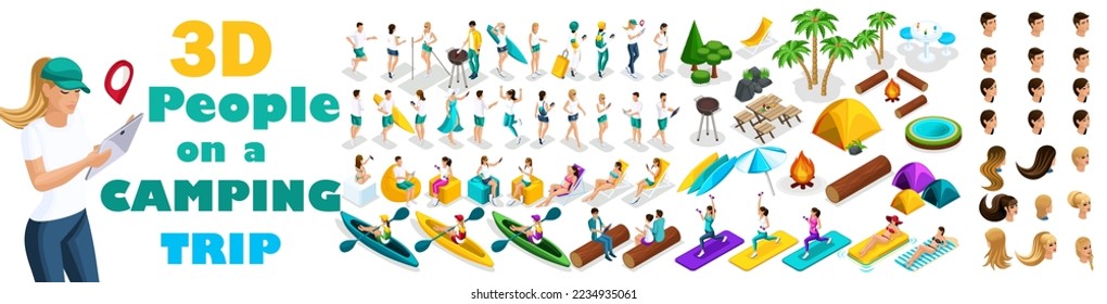 Large set of isometric, 3D people in nature, outdoor recreation in the forest, camping. Kayaking. Set emotions.