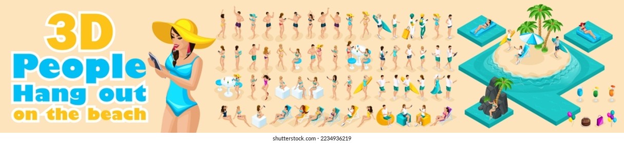 Large set of isometric, 3D people on vacation, girls in swimsuits, pool party, sun, beach, sea, location. For vector illustration.