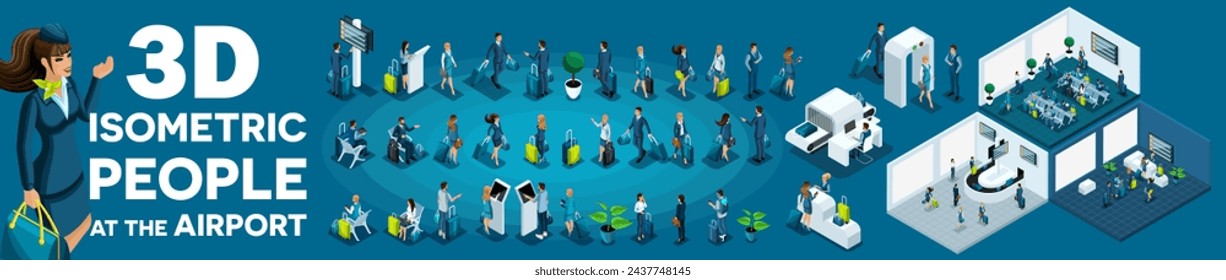Large set of isometric, 3D people at the airport, businessmen with suitcases, vacationers and travelers with bags for flights. 3 Airport Premises