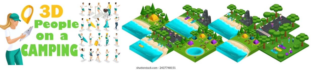 Large set of isometric, 3D people in nature, outdoor recreation in the forest, camping. Kayaking, campfire, river, beach, lake