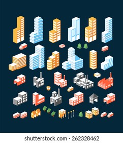 A large set of isometric buildings, home and transport.