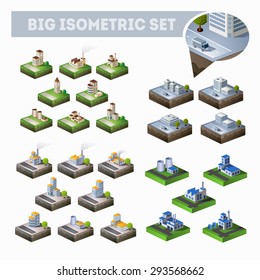 A large set of isometric city map with lots of buildings, skyscrapers, roads and factories